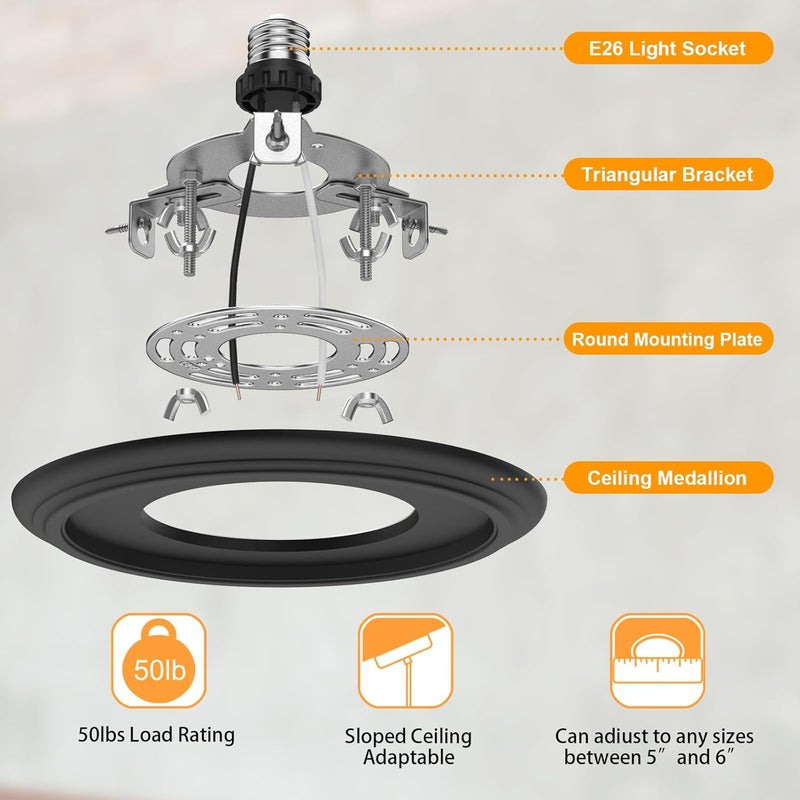 YIIZON 2-Pack Recessed Light to Pendant Converter Kit, Adjustable for 5 and 6 inch Recessed Can Light Conversion Kit, Includes E26 Socket, Triangular Bracket, Round Mounting Plate & 3D Black Cover - Image 2